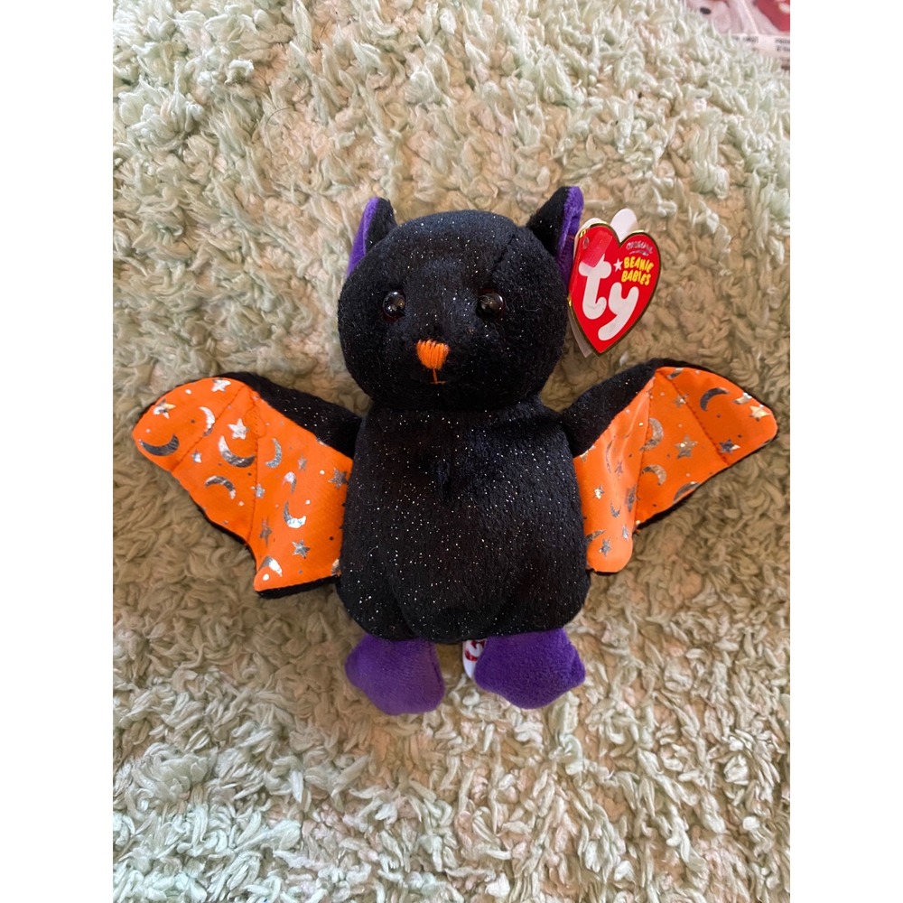 Ty Beanie Baby Scarem the Bat Black Sparkle Halloween Plush 2007 Orange Wings